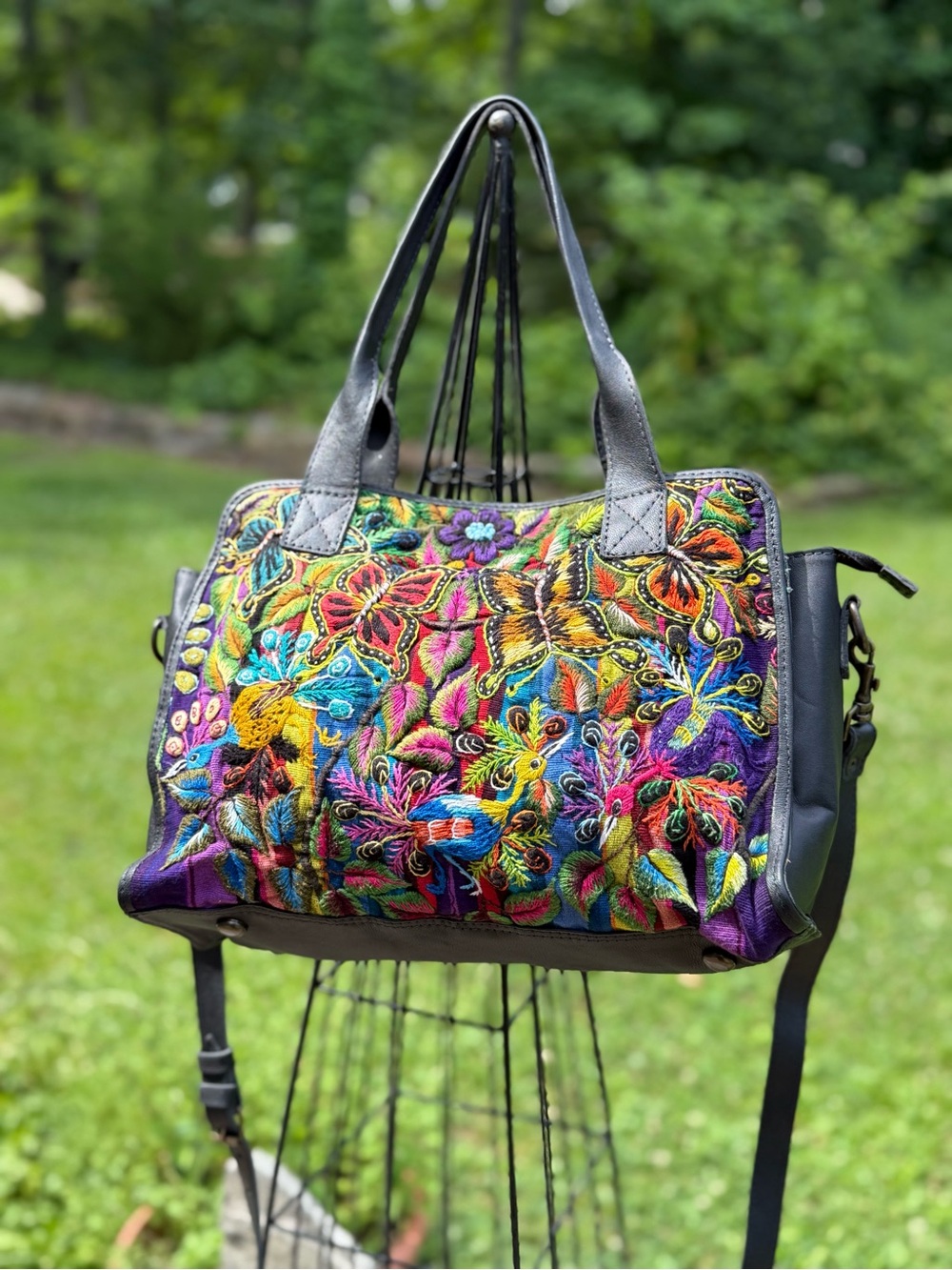 Colorful Embroidered Butterfly Satchel Bag - Black Trim
